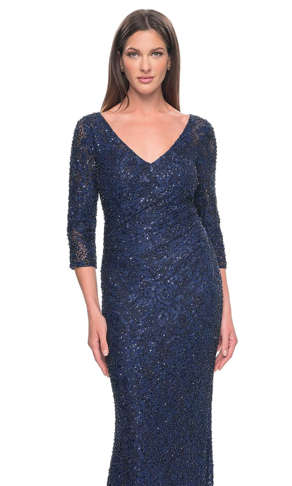La Femme 31721 Lace Beaded Ruched V Neck Evening Gown