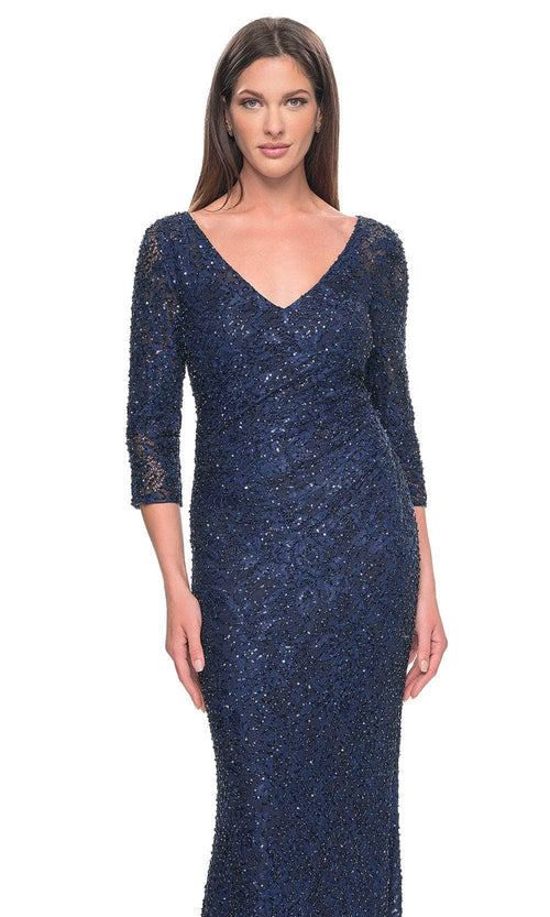 La Femme 31721 Lace Beaded Ruched V Neck Evening Gown