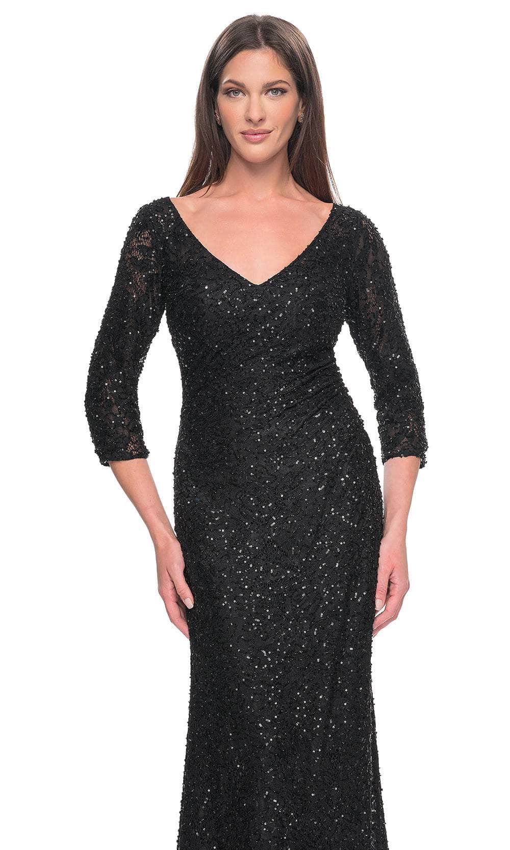 La Femme 31721 Lace Beaded Ruched V Neck Evening Gown