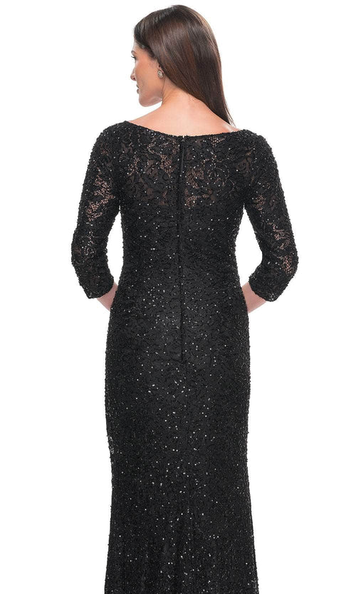 La Femme 31721 Lace Beaded Ruched V Neck Evening Gown