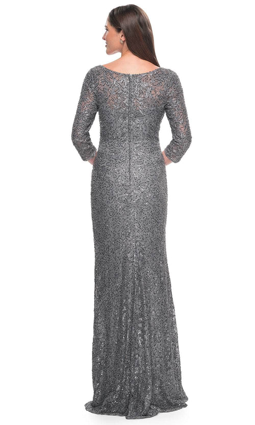 La Femme 31721 Lace Beaded Ruched V Neck Evening Gown