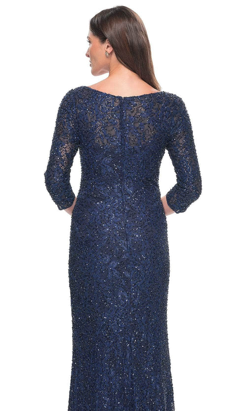 La Femme 31721 Lace Beaded Ruched V Neck Evening Gown