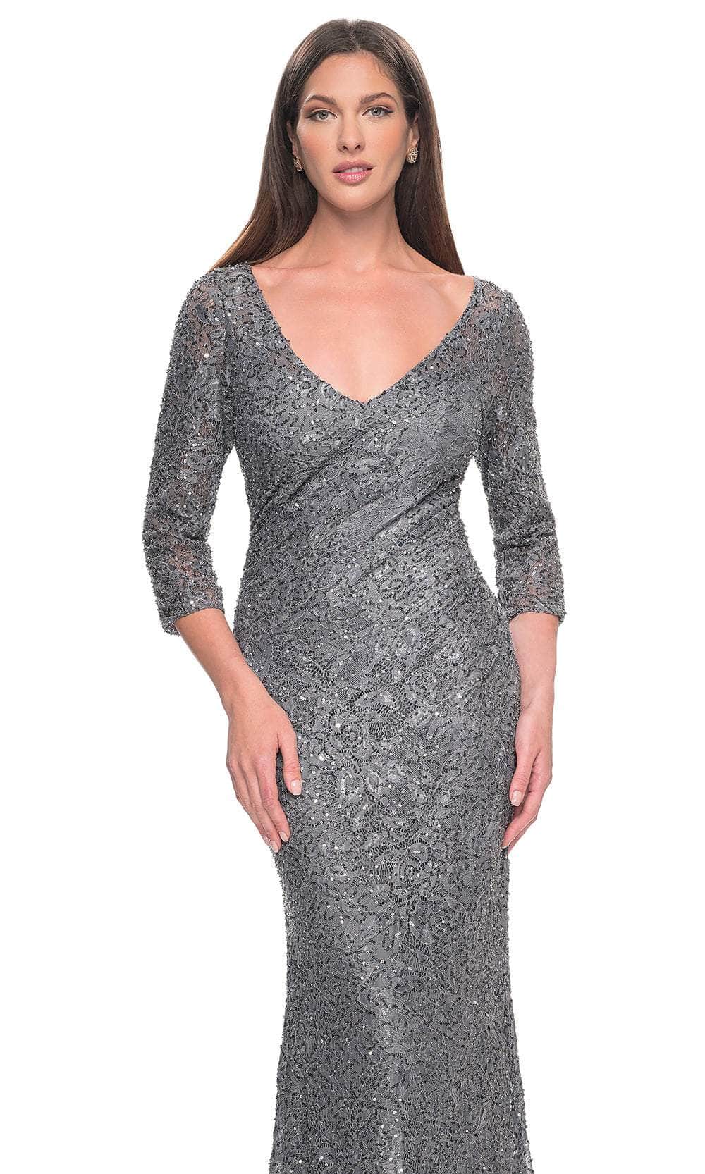 La Femme 31721 Lace Beaded Ruched V Neck Evening Gown