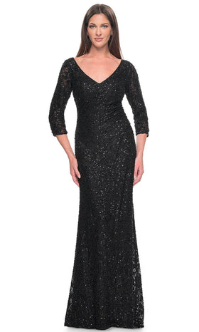 La Femme 31721 Lace Beaded Ruched V Neck Evening Gown