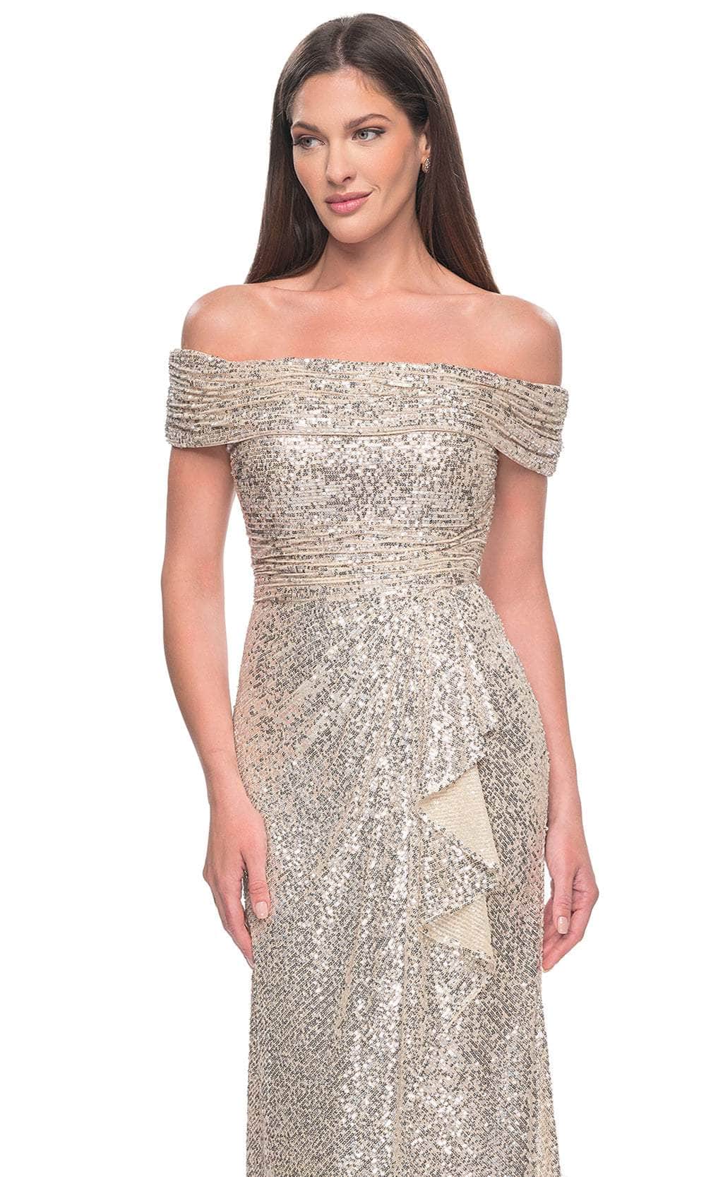 La Femme 31772 Sequin Ruched Open Back Off the Shoulder Evening Gown