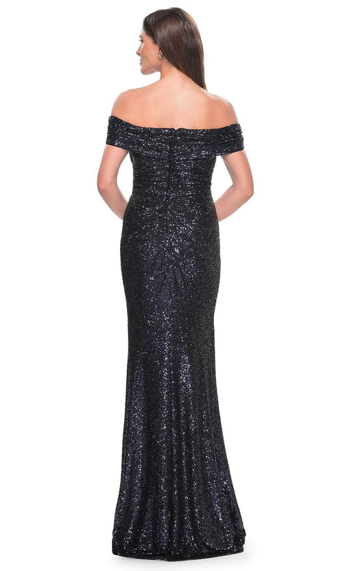 La Femme 31772 Sequin Ruched Open Back Off the Shoulder Evening Gown