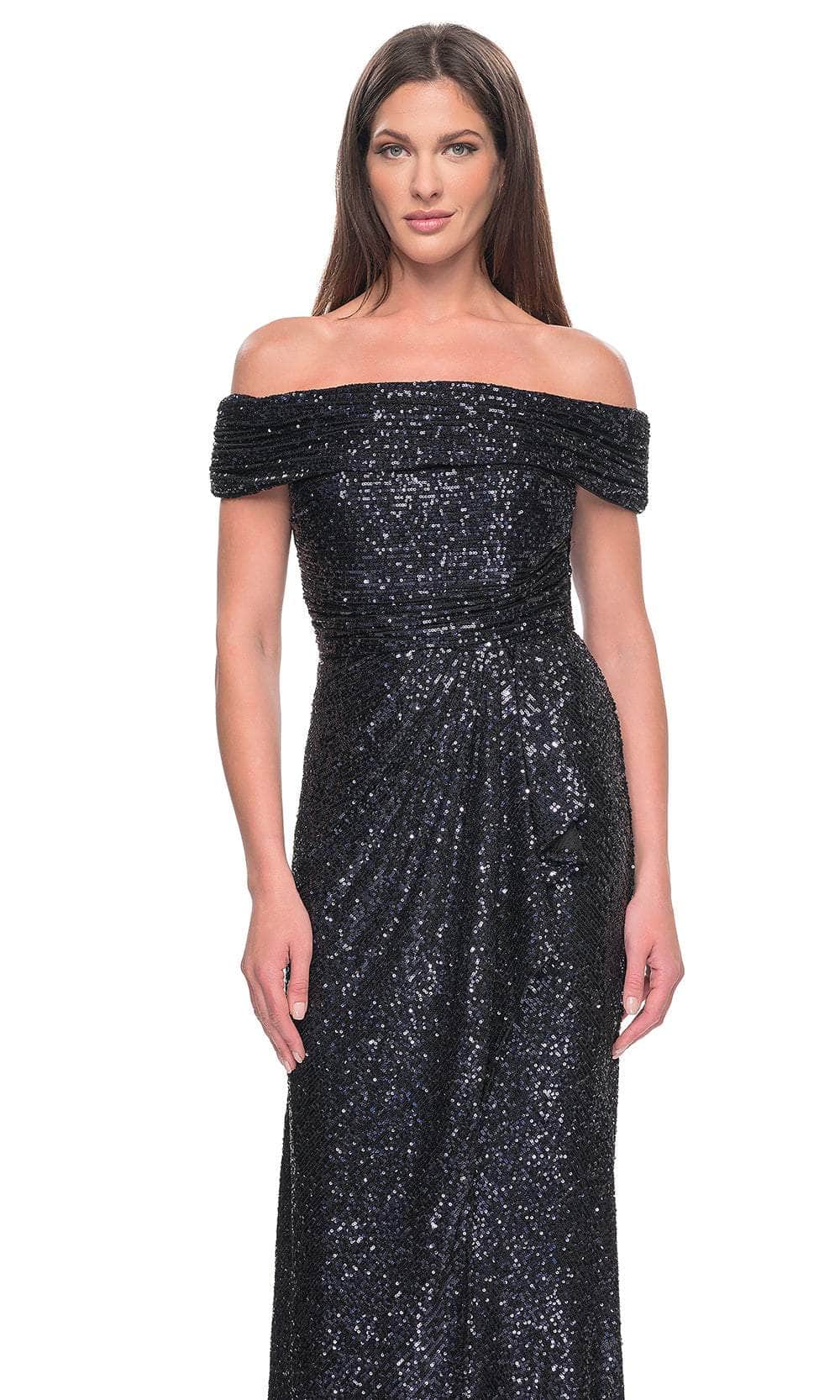 La Femme 31772 Sequin Ruched Open Back Off the Shoulder Evening Gown