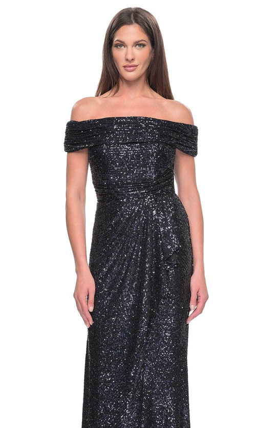 La Femme 31772 Sequin Ruched Open Back Off the Shoulder Evening Gown