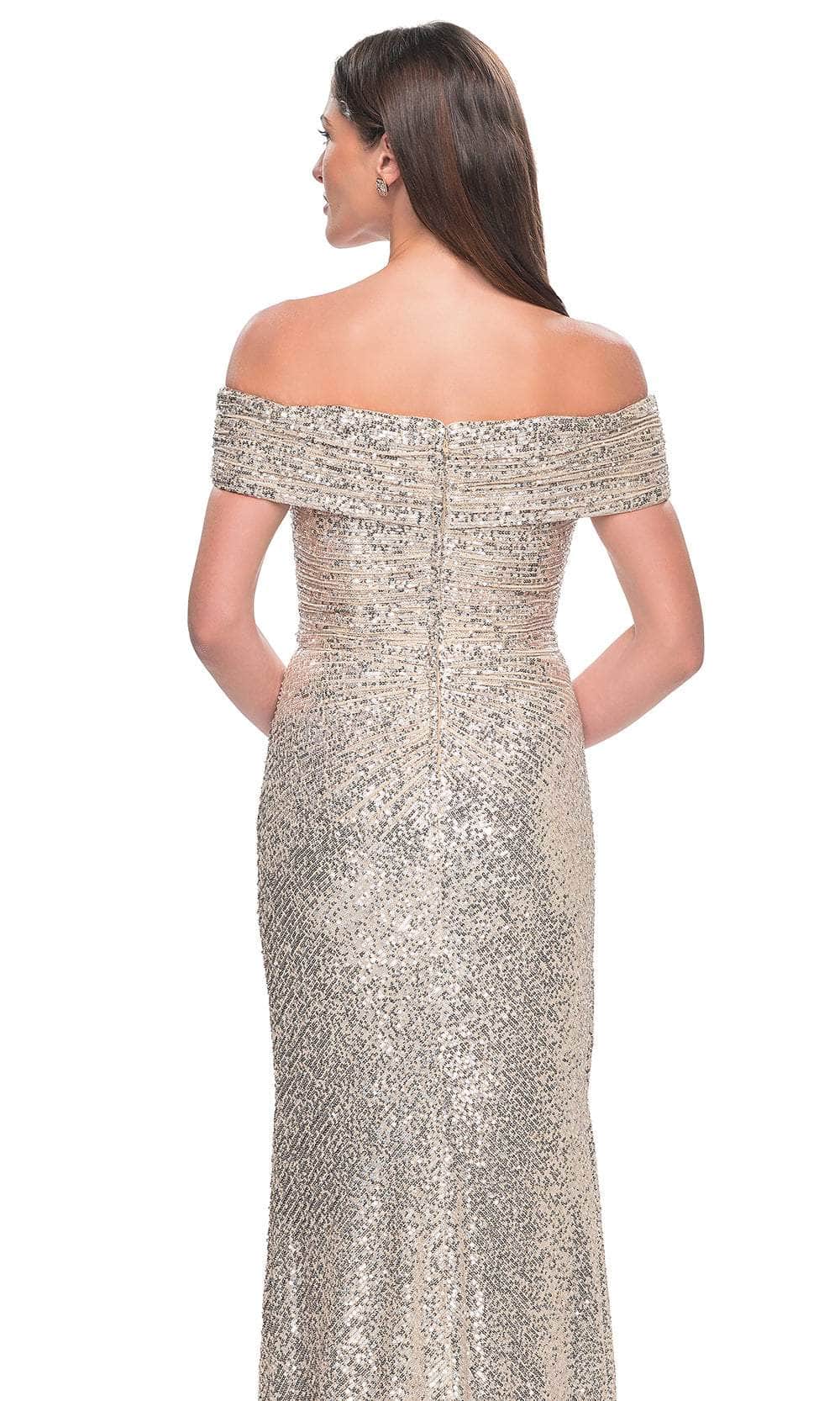 La Femme 31772 Sequin Ruched Open Back Off the Shoulder Evening Gown