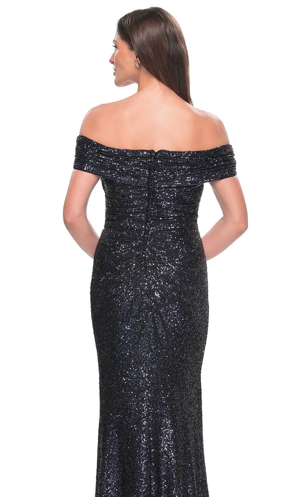 La Femme 31772 Sequin Ruched Open Back Off the Shoulder Evening Gown