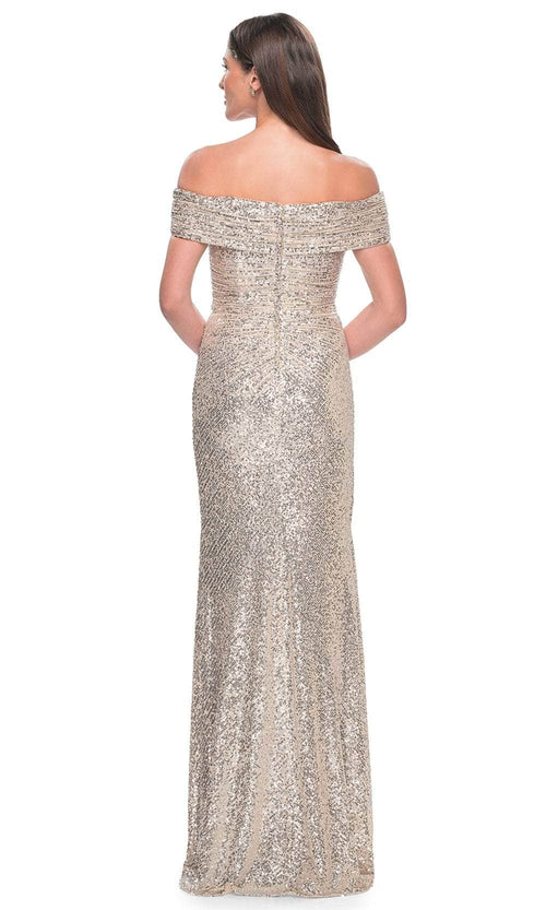 La Femme 31772 Sequin Ruched Open Back Off the Shoulder Evening Gown