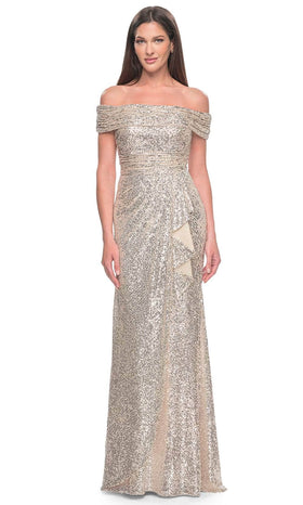 La Femme 31772 Sequin Ruched Open Back Off the Shoulder Evening Gown