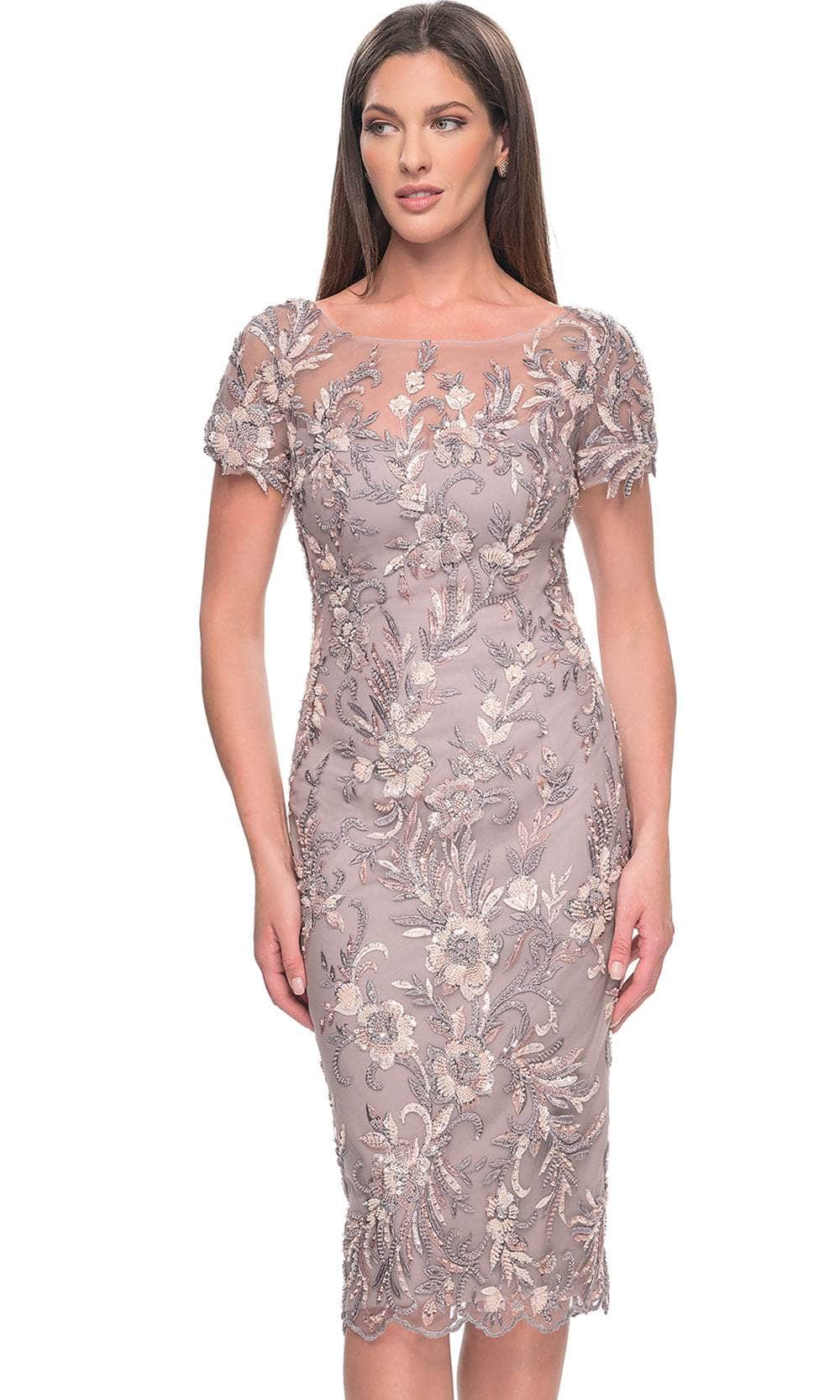 La Femme 31775 Short Sleeve Floral Lace Applique Knee Length Dress