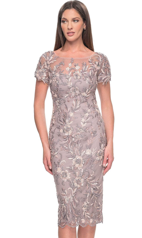 La Femme 31775 Short Sleeve Floral Lace Applique Knee Length Dress