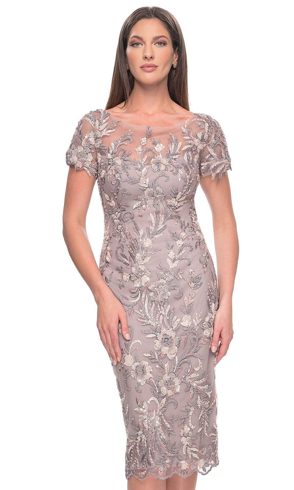 La Femme 31775 Short Sleeve Floral Lace Applique Knee Length Dress