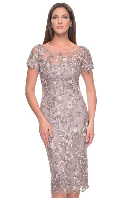 La Femme 31775 Short Sleeve Floral Lace Applique Knee Length Dress