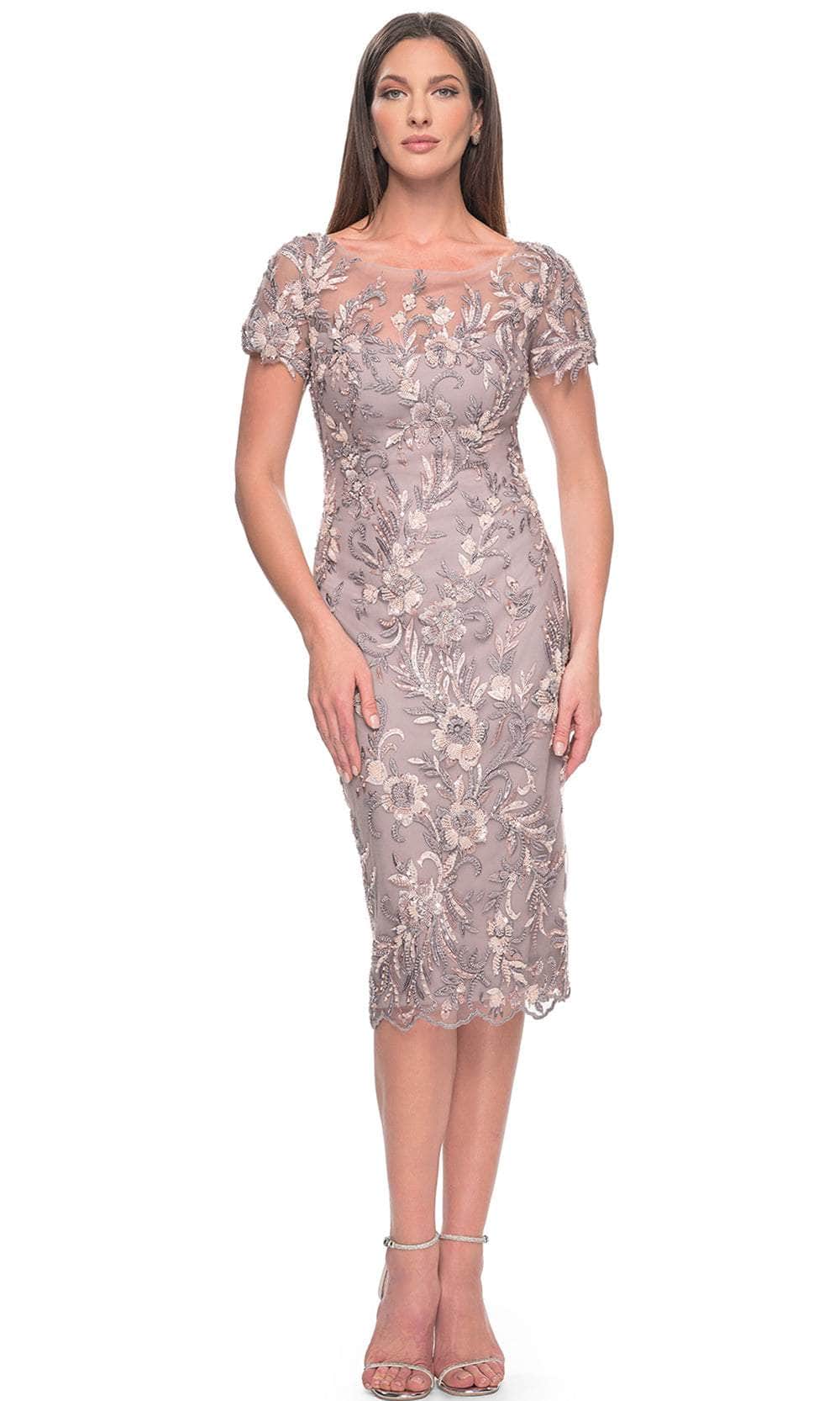 La Femme 31775 Short Sleeve Floral Lace Applique Knee Length Dress