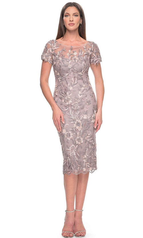 La Femme 31775 Short Sleeve Floral Lace Applique Knee Length Dress