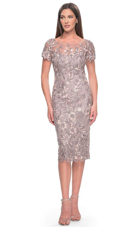 La Femme 31775 Short Sleeve Floral Lace Applique Knee Length Dress