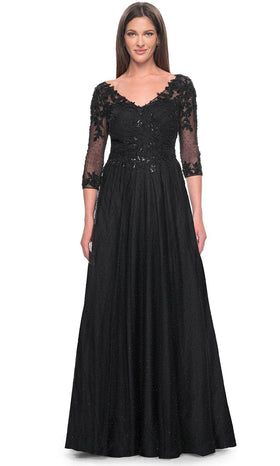 La Femme 31776 Tulle Beaded Sequin V Neck Evening Gown