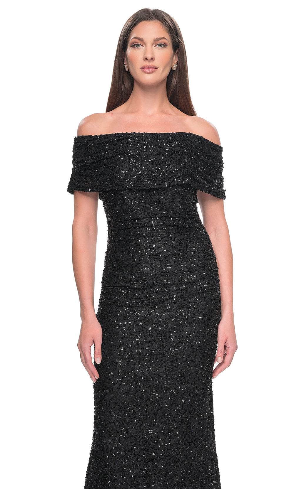 La Femme 31778 Lace Beaded Sequin Off the Shoulder Evening Gown