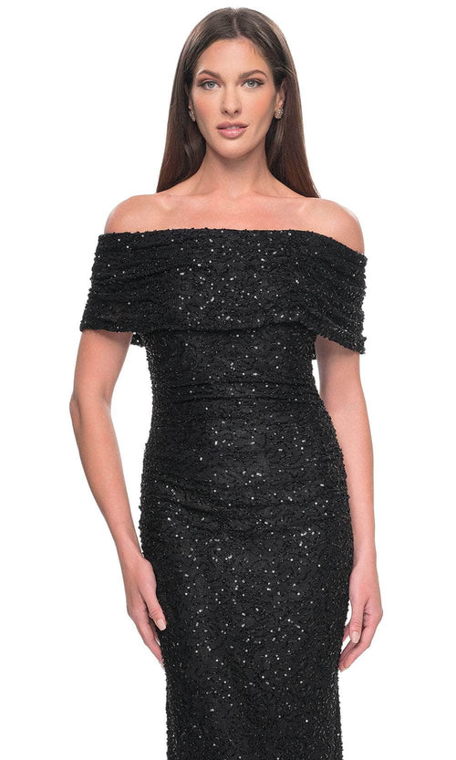 La Femme 31778 Lace Beaded Sequin Off the Shoulder Evening Gown