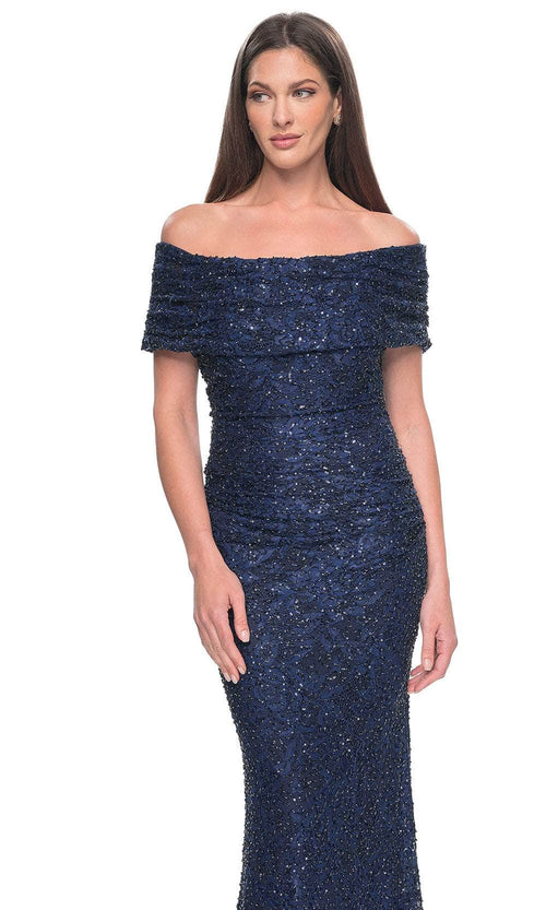 La Femme 31778 Lace Beaded Sequin Off the Shoulder Evening Gown