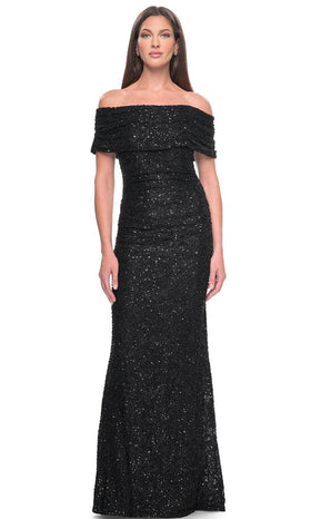 La Femme 31778 Lace Beaded Sequin Off the Shoulder Evening Gown