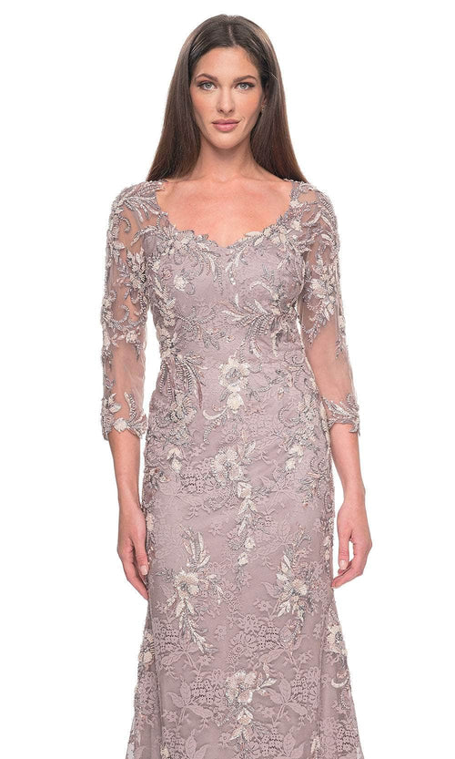 La Femme 31796 Lace Beaded Illusion V Neck Evening Gown