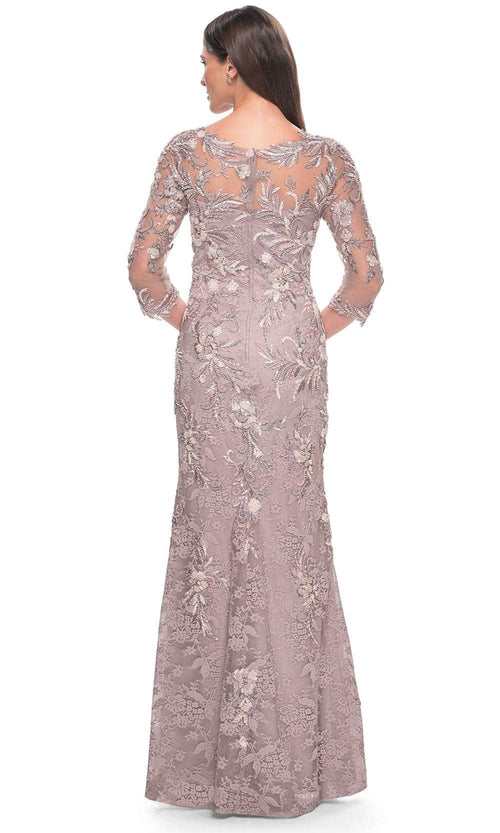 La Femme 31796 Lace Beaded Illusion V Neck Evening Gown