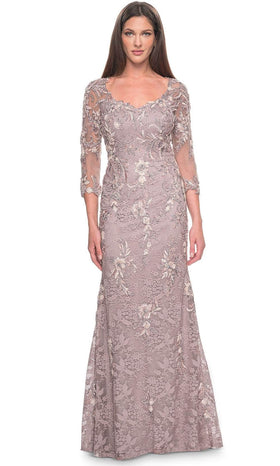 La Femme 31796 Lace Beaded Illusion V Neck Evening Gown