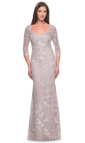 La Femme 31804 Lace Beaded Embroidered V Neck Evening Gown
