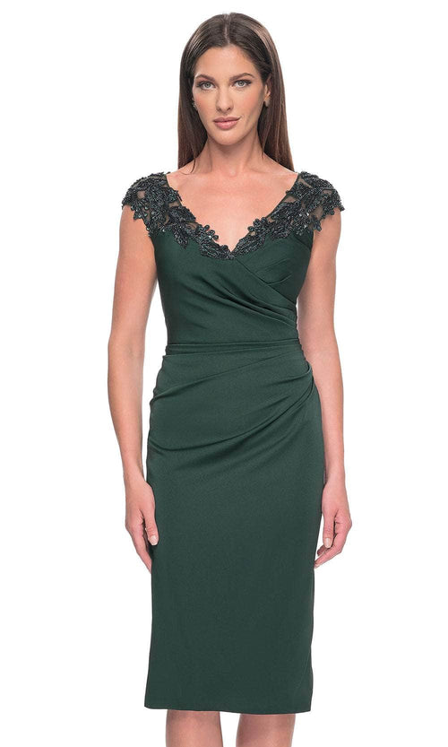 La Femme 31839 Satin Beaded Illusion V Neck Prom Dress