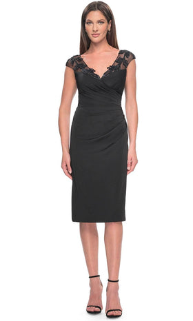 La Femme 31839 Satin Beaded Illusion V Neck Prom Dress