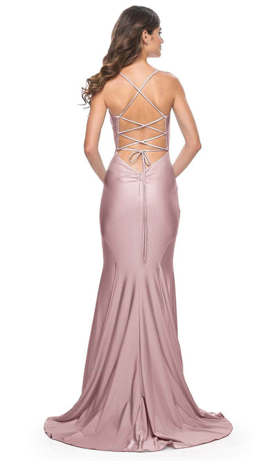 La Femme 31878 V-Neck Jersey Prom Dress Simple Wedding Guest Gown with Slit