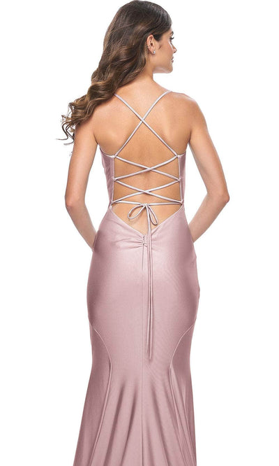 La Femme 31878 V-Neck Jersey Prom Dress Simple Wedding Guest Gown with Slit