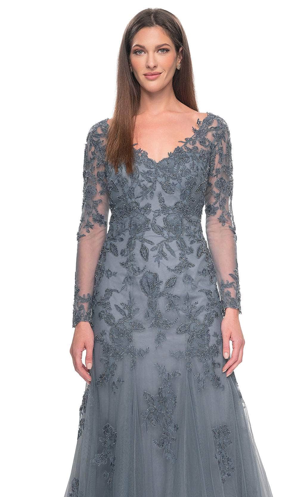 La Femme 31887 Tulle Beaded Illusion V Neck Formal Dress