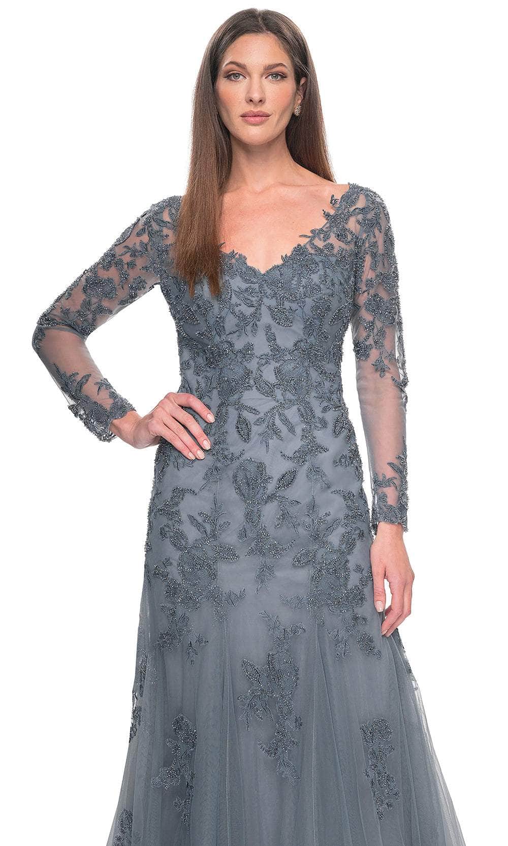 La Femme 31887 Tulle Beaded Illusion V Neck Formal Dress