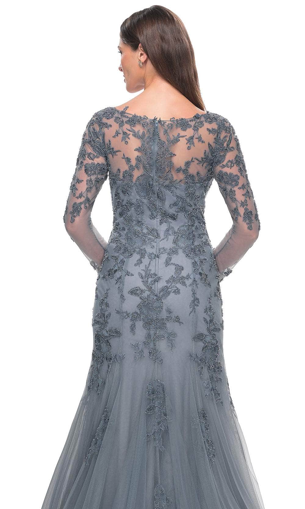 La Femme 31887 Tulle Beaded Illusion V Neck Formal Dress