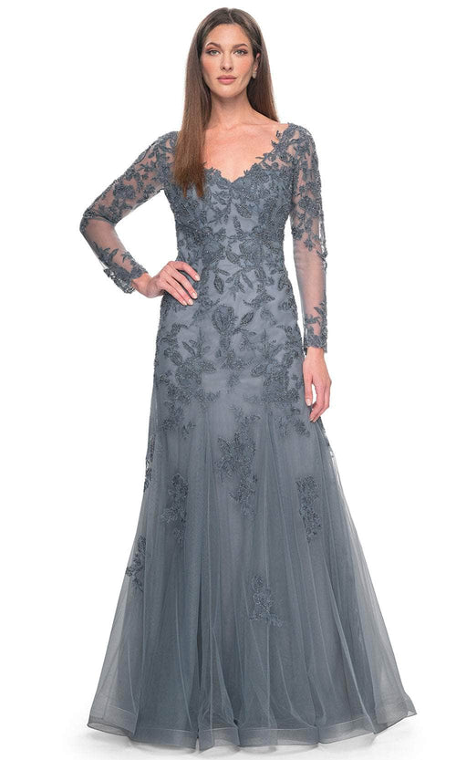 La Femme 31887 Tulle Beaded Illusion V Neck Formal Dress