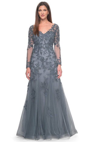 La Femme 31887 Tulle Beaded Illusion V Neck Formal Dress