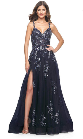 La Femme 31936 Floral Applique V-Neck Prom Gown
