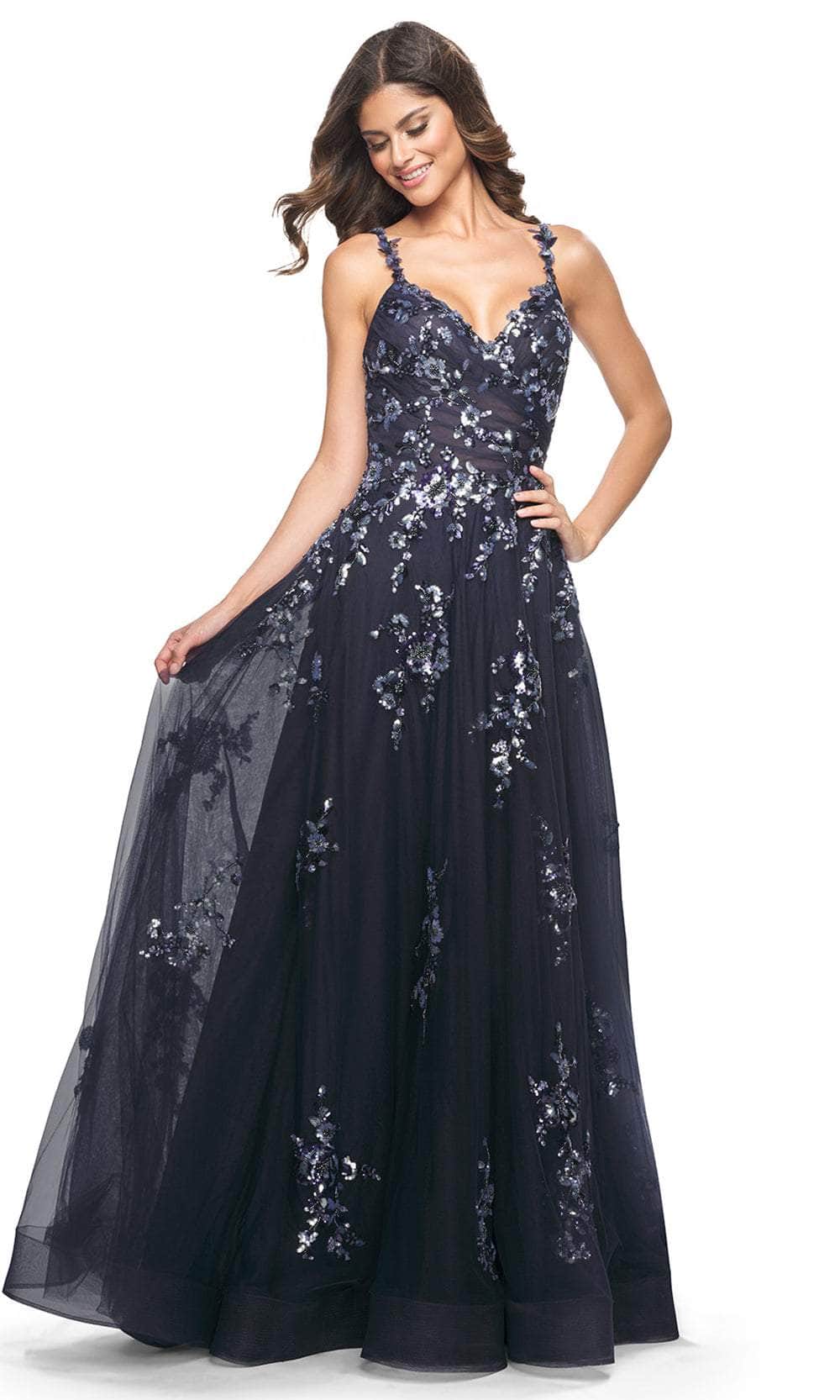 La Femme 31936 Floral Applique V-Neck Prom Gown