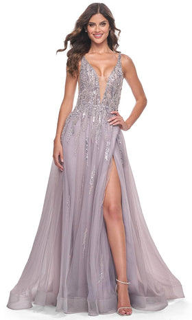 La Femme 31995 Plunging V-Neck Sequin Tulle Prom Gown