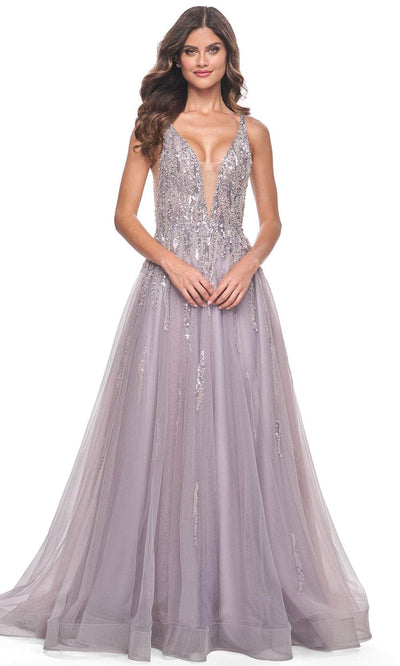 La Femme 31995 Plunging V-Neck Sequin Tulle Prom Gown
