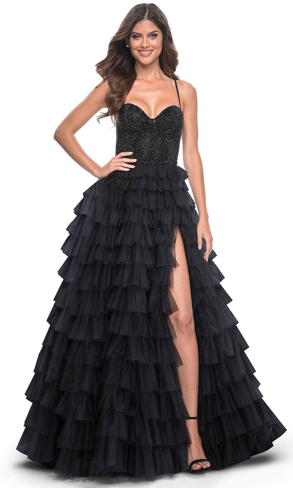 black prom dress with beaded top Primavera Couture 3913 Prom Dress Long Beaded Dress Fitted High Slit Formal Gown 10 / RED