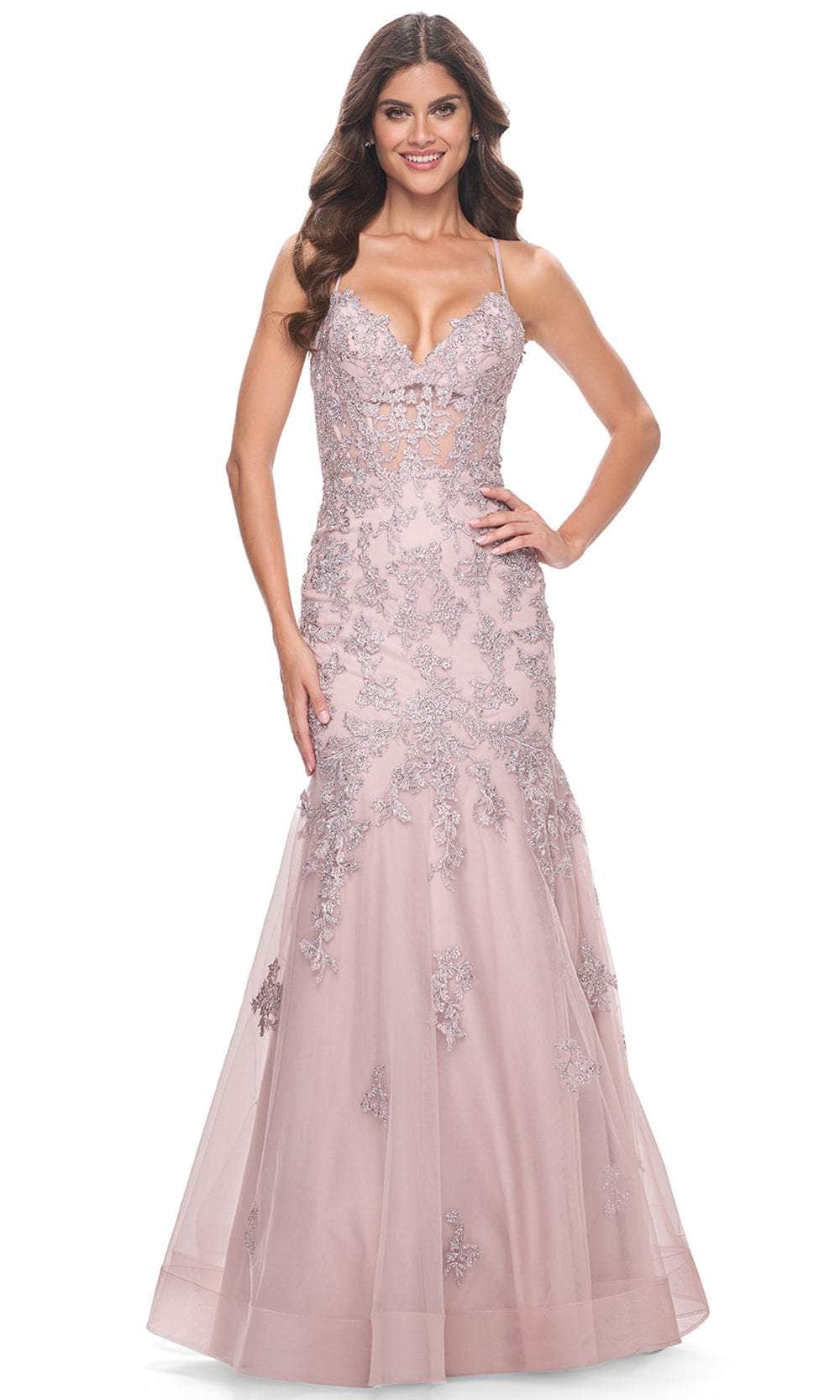 La Femme 32004 - Deep V-Neck Embroidered Prom Gown Prom Dresses 00 / Mauve