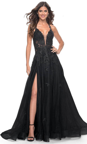 La Femme 32022 Plunging Neckline Embroidered Prom Dress