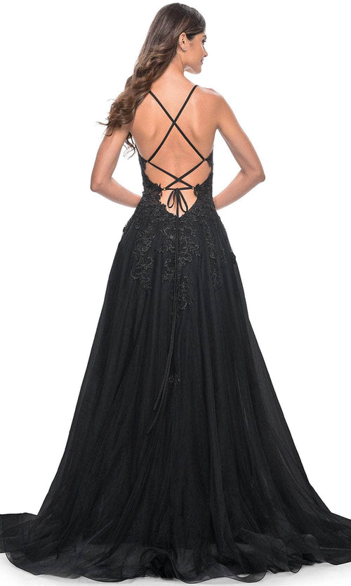 La Femme 32022 Plunging Neckline Embroidered Prom Dress