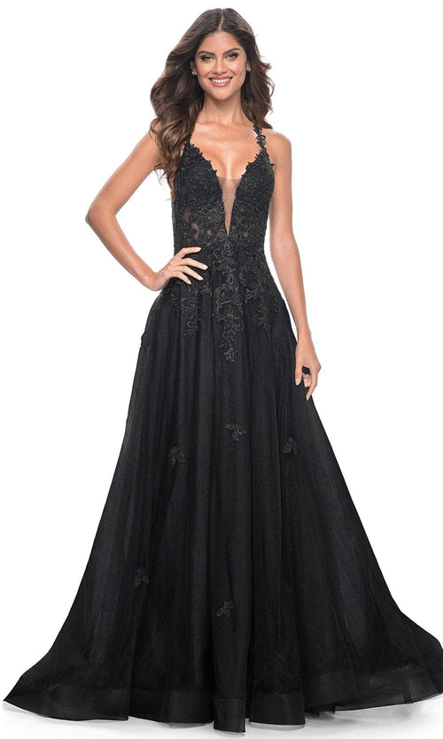 La Femme 32022 Plunging Neckline Embroidered Prom Dress